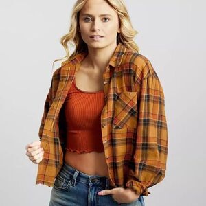 Gilded Intent Orange and Brown Plaid Cropped Button-Down Shirt Large